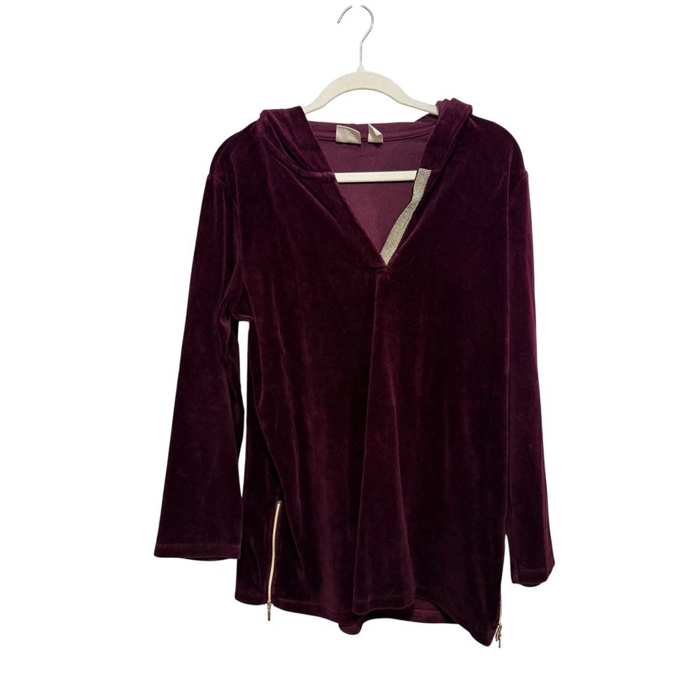 Zenergy by Chicos Womens L‎ Burgundy Velour V-Neck Hoodie Zip Side Pullover L